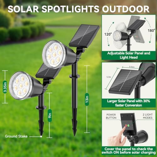 Solar Lights Outdoor Spot Light Waterproof: 1000LM Adjustable Cool White Spotlights - 2-in-1 15Hrs+ Bright Wall Spot Light - Solar Powered Landscape Spotlight for Garden, Yard, Tree, Flag - Image 5
