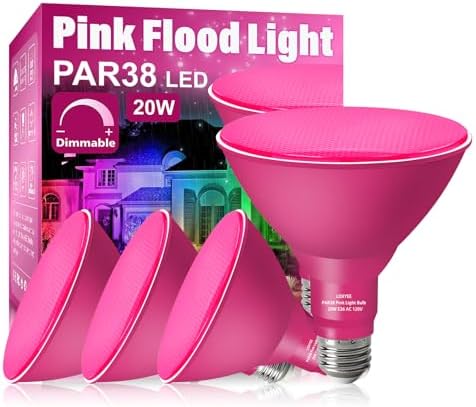 PAR38 LED Outdoor Flood Light Bulbs,Dimmable 20W(200W Equivalent) E26 Base Flood Light Bulbs,1800 Lumens LED Flood Light for Outdoor Garden,Garage,Yards,Pink 4 Pack by LOXYEE