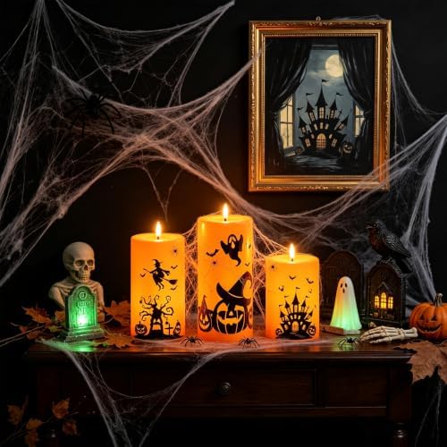 kakoya 5 Pack Halloween Flameless LED Pillar Candles, Orange Plastic Battery Operated Candles with 2 Remote Timer, Castle Pumpkin Witch Pattern for Halloween Spooky Decor - Image 2