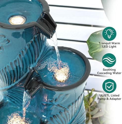 Autodaya Tropical Turquoise Ceramic Outdoor Water Fountain with Lights - Image 6