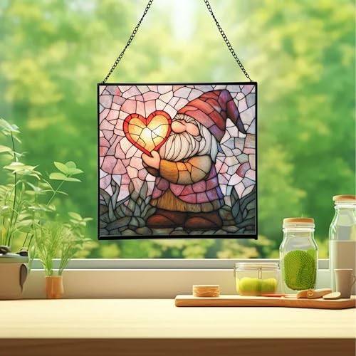 Valentine Gnome Hug Stained Glass Suncatcher – Square Hanging Window Panel for Home or Greenhouse – Whimsical Glass Art Gift for Garden Lovers, Christmas, Halloween, Father Days nULTXb - Image 2