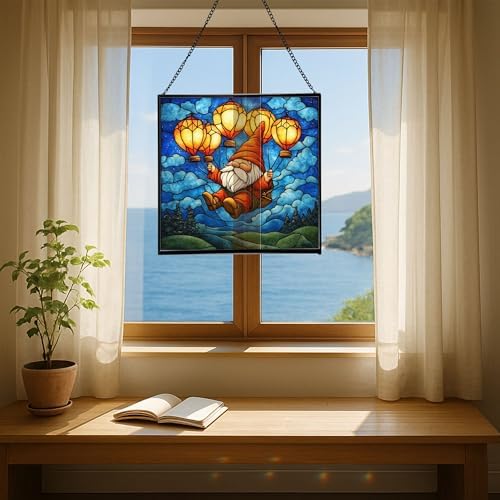 Gnome with Lantern Balloons Stained Glass Suncatcher – Square Hanging Window Panel for Home or Greenhouse – Whimsical Glass Art Gift for Garden Lovers, Christmas, Halloween, Father Days zvm4QW - Image 6