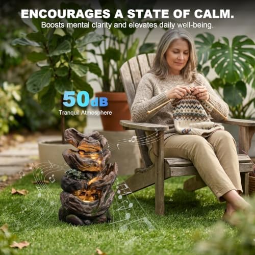 25.2" H Water Fountain Outdoor with LED Lights and Built-in Planter, Garden Water Feature with Tree Trunk Design for Patio Backyard Porch Decor - Image 5