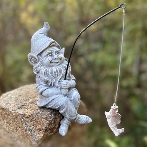 Garden Gnome Pond Statue Decoration, Fishing Gnome Garden Statue Outdoor Koi Pond or Waterfall Decor, 9.7" Stone Gnome Fishing Poolside Statue, Elf Pond Statue, Great Gifts & Housewarming for Mom - Image 6