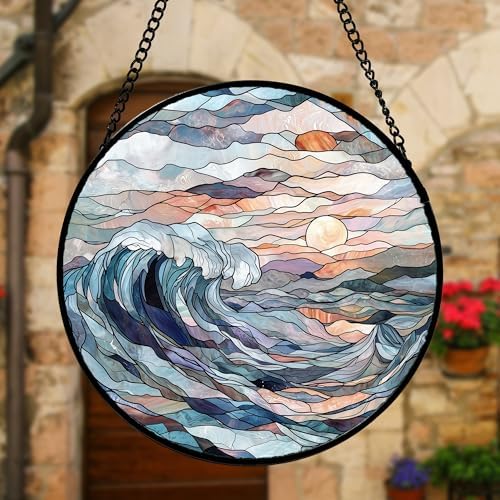 Stained Glass Window Hanging Suncatcher Sunrise Waves Gifts Decor 9.8" - Image 4