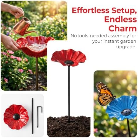 Handmade Metal Flower Garden Stake, 2 in 1 Outdoor Bird Bath & Pollinator Water Station, Weather Resistant Yard Art Decor, Detachable Butterfly Bee Drinking Bowl Garden Ornament (4, Yellow) - Image 6
