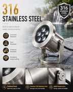 LED Pond Lights with Dual Remote Control, 6W SS316 Stainless Steel RGB Underwater Fountain Light, IP68 Waterproof Submersible LED Lights for Pond Waterfall, Koi Fish Pond (2 Pack) - Image 6