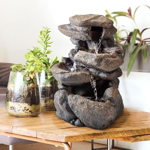 Alpine Corporation WIN472 Indoor Tabletop 3-Tiered Stone Fountain with LED Lights, Cascading Stone Water Fountain 11", Gray - Image 2