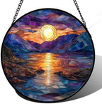 Stained Glass Window Hanging - Blue Purple Lake View Suncatcher for Door Terrace Garden Home Decor Sunset Landscape Sun Catcher Birthday Gifts for Lovers Women Men Dad Mom Nana 9.8 in by JOSUMALY