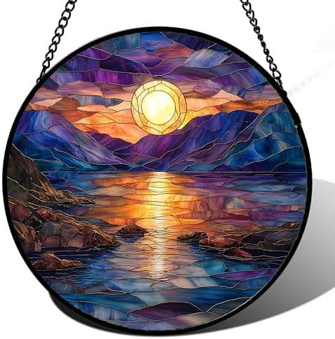 Stained Glass Window Hanging - Blue Purple Lake View Suncatcher for Door Terrace Garden Home Decor Sunset Landscape Sun Catcher Birthday Gifts for Lovers Women Men Dad Mom Nana 9.8 in by JOSUMALY