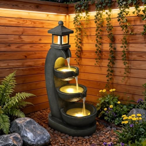 Outdoor Waterfall Fountain with LED Lights Stacked Rock Garden Fountain Multi-Tier Cascading Resin Water Feature for Patio Yard Porch Decor - Image 2