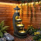 Outdoor Waterfall Fountain with LED Lights Stacked Rock Garden Fountain Multi-Tier Cascading Resin Water Feature for Patio Yard Porch Decor - Image 2