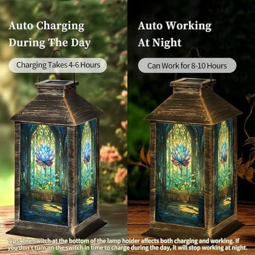 Solar Lantern Art Stained Glass Window Majestic Lotus Flower Outdoor Waterproof Garden Hanging Lantern Solar Powered Lighting Outside Table Lamp for Patio Deck Camping 1 Pack - Image 3