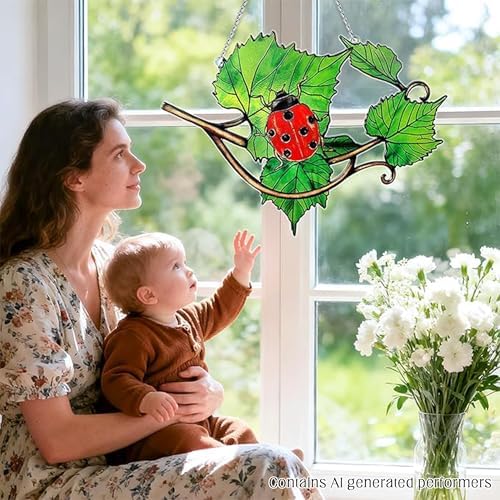 Plant Suncatcher Glass, Stained Glass Suncatcher Plant Window Hanging, Unique Nature Lover Gifts Leaf (Leaves & Ladybug) - Image 2