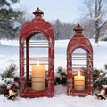 Vintage Red Metal Candle Lantern 2Pcs 25in & 20in Distressed Rustic Large Lanterns Farmhouse Hanging Candle Holder Lantern for Indoor & Outdoor Front Porch Patio Xmas Decor（NO Glass） by Unknown