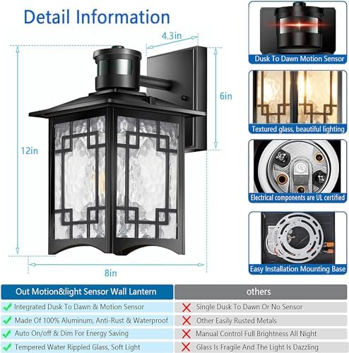 Dusk to Dawn Motion Sensor Light, Outdoor Light Fixture, Aluminum Wall Sconce Lighting, Front Porch Light, Exterior Lights for House Patio, Outside Lights, Wall Mount Anti-Rust Lantern - Image 4