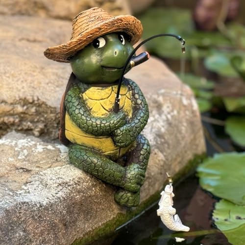 Garden Tortoise Pond Statue Decoration, Fishing Turtle Outdoor Statues for Koi Pond or Waterfall Decor, 9.5" Figurine Poolside Statue, Outdoor Decor, Gifts for Mom by GardenWhisper