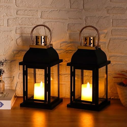 Set of 2 Decorative Candle Lantern 10'' High Black Hanging Candle Holder Metal Vintage Lantern Decor with Tempered Glass for Indoor Outdoor Home Table Patio Wedding - Image 4