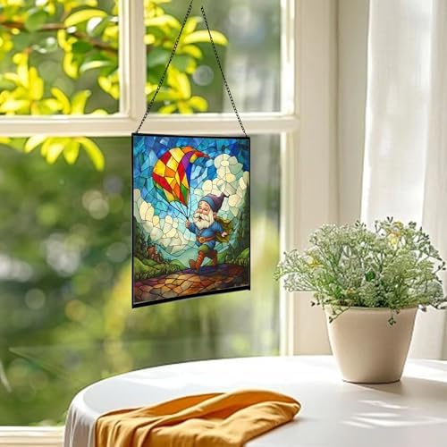 Gnome with Kite Flight Stained Glass Suncatcher – Square Hanging Window Panel for Home or Greenhouse – Whimsical Glass Art Gift for Garden Lovers, Christmas, Halloween, Father Days XEZq2D - Image 3
