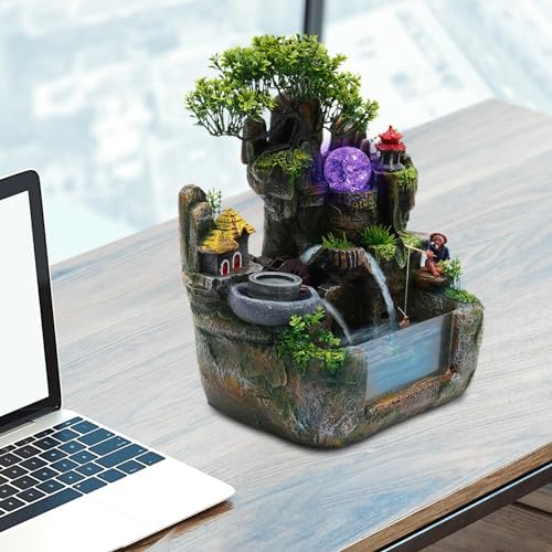 CNCEST Tabletop Fountain, Mini Silent Indoor Outdoor LED Waterfall Fountain Zen Meditation Desktop Simulation Resin Rockery Water Fountain Bonsai Home Decor (Type 2) - Image 6