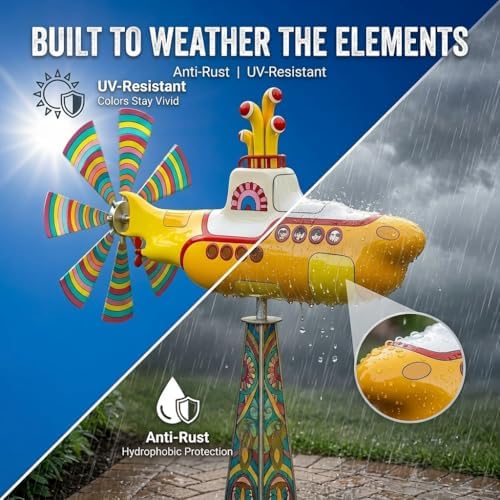 2D Nautical Yellow Submarine Wind Spinner for Yard, Sturdy Metal Kinetic Garden Sculpture, 12.6" Rotating Lawn Ornament for Outdoor Patio Decor and Balcony - Image 4
