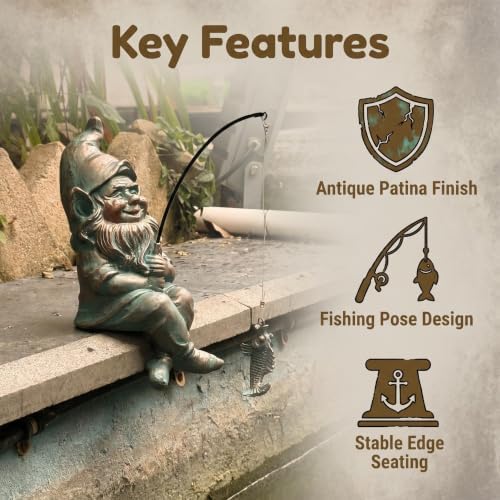 Garden Gnome Pond Statue Decoration, Fishing Copper Gnome Garden Statue Outdoor Koi Pond or Waterfall Decor, 9.7" Gnome Fishing Poolside Statue with Glow in Dark Pebbles Included, Great Gifts for Mom - Image 6