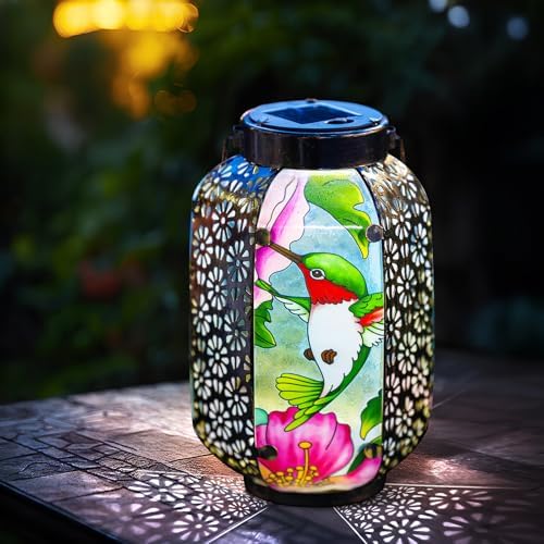 Hummingbird Solar Lantern Outdoor Hanging Lights – Waterproof Metal Garden Decor with Stained Glass, LED Solar Decorative Lamp for Patio, Yard, Porch, Pathway, Gardening Gifts for Mom, Grandma, Women - Image 5