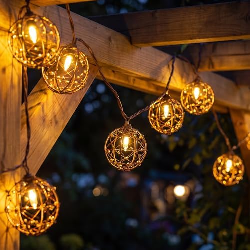 Oviejo 8.5FT LED Patio String Lights, Waterproof Outdoor Lantern String Lights with 12 Bulbs, Beaded Copper Wire Ball Style, Connectable Yard Garden Bistro Party Lights, Warm White by Oviejo