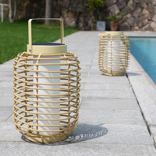 Solar Yard Outdoor Austin Solar Powered Floor Lamp Set of 2, 14-inch Wicker Woven LED Lamp, Water-Resistant Garden Light, Boho Style, Decor for Balcony, Porch, Yard, Pathway, Natural Color - Image 2