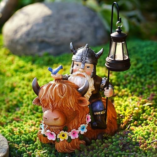 Garden Gnome Outdoor Statue Highland Cow Decor for Yard Patio Lawn Porch Birthday Gifts for Women Men, Mother’s Day, Housewarming with Solar Light Gnome Decor for Outside - Image 4