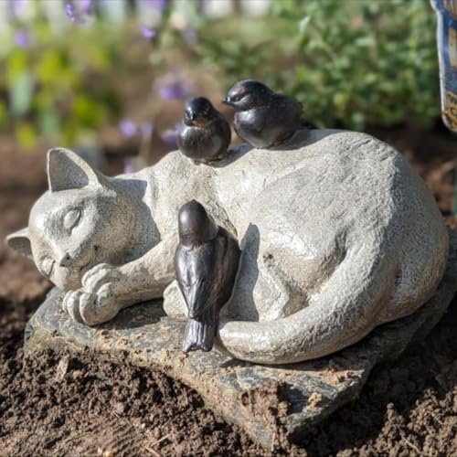 Sleeping Cat Garden Statues Outdoor - 12" Sparrows On Cat Figurine Memorial Statue Grave Markers Garden Resin Statues for Outdoor Decor Outdoor Statue Resin 12" x 8" x 4.5" by LCdecohome