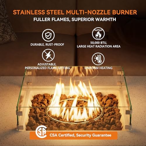 COSIEST Square Outdoor Sandstone Propane Fire Pit w Wind Guard, Certified, 50,000 BTU Stainless Steel Burner, 35-inch, Free Lava Rocks and Rain Cover, Tank Outside, Metal Lid - Image 5