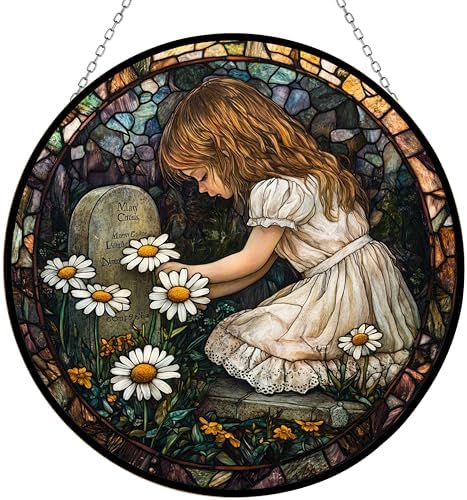 9.84 Inch Boho Memorial Day Girl with Daisies Stained Glass Sun Catcher Wall Hanging Colored Decor Room Indoor Window Decor Halloween Christmas Hanging Ornament Mother Day by Unknown
