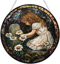 9.84 Inch Boho Memorial Day Girl with Daisies Stained Glass Sun Catcher Wall Hanging Colored Decor Room Indoor Window Decor Halloween Christmas Hanging Ornament Mother Day by Unknown