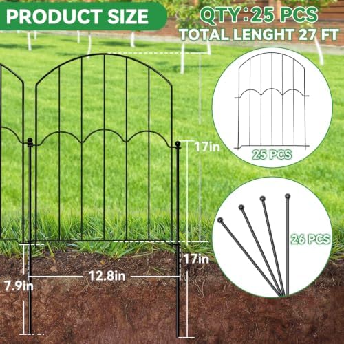 GOTGELIF 25 Panels Decorative Arched Garden Fence, 17''x27 FT No-Dig Dog Barrier with 26 Stakes, Arched Rustproof Metal Animal Fencing for Rabbit Flower Beds for Yard Patio Outdoor Decor - Image 2