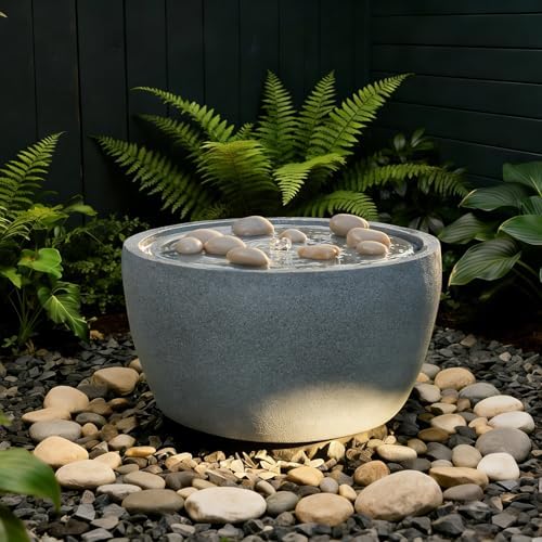 EROMMY 17.7" Garden Water Fountain Outdoor Bubbler, Resin Water Feature with 6 LED Lights & 5W Pump, Concrete-Effect Indoor Outdoor Fountain for Patio, Deck, Yard, Gray by EROMMY