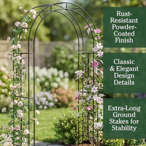 Plow & Hearth Arch Metal Outdoor Garden Arbor 7 Feet Tall Black Iron Trellis for Climbing Plants Outdoor, Wedding Party Arch, Outdoor Patio Decor - Image 3