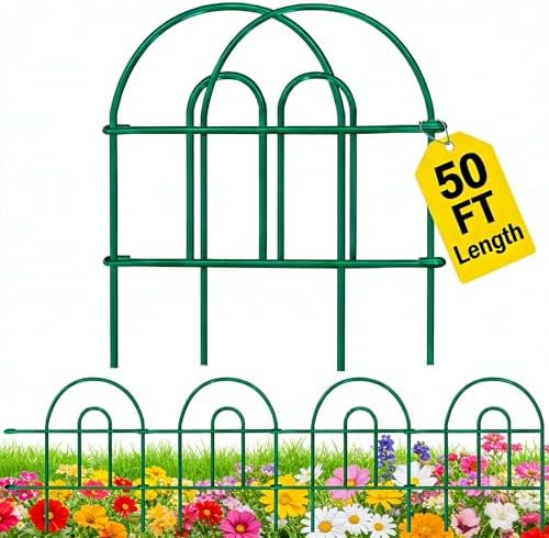 AMAGABELI 35 Panels 18in(H)×50ft(L) Decorative Garden Fence No Dig Rustproof Metal Pre-Linking Fence Panels Garden Edging Border Animal Barrier Fencing for Flower Beds Yard Patio Outdoor Decor Green by AMAGABELI+GARDEN+%26+HOME