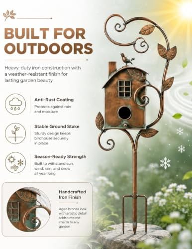 Handmade Iron Birdhouse Metal Garden Stake Bird House with Pole Stand - Image 4