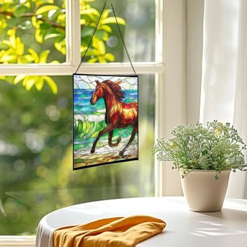Dark Bay Thoroughbred Horse galloping along wind-cut shore Square Suncatcher – Stained Glass Style Window Panel with Pastoral Scene, Custom Decorative Hanging Art for Equestrian Home, Christmas taLOEO - Image 3