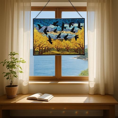 Crows Flying Over Autumn Orchard Rectangular Stained Glass Suncatcher – Hanging Window Panel with Animal & Nature Scene – Vibrant Glass Art Gift for Wildlife, Fantasy, Nature Lovers n5K17Y - Image 6