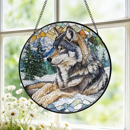 Watercolor Wolf Forest Stained Glass Window Hanging Sun Catchers Animal Trees Mountain Landscape Glass Panel Hangings Wolf Lover Gift Window Hanging Birthday Father's Day 11.8inch - Image 3