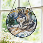 Watercolor Wolf Forest Stained Glass Window Hanging Sun Catchers Animal Trees Mountain Landscape Glass Panel Hangings Wolf Lover Gift Window Hanging Birthday Father's Day 11.8inch - Image 3