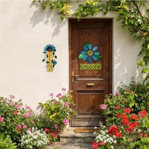 Metal Welcome Sign Rustic Wall Hanging Plaque - Decorative Welcome Flower Signs for Porch Front Door Farmhouse Home Decoration Garden Themed Wreath Ornament (Set of 3) - Image 4