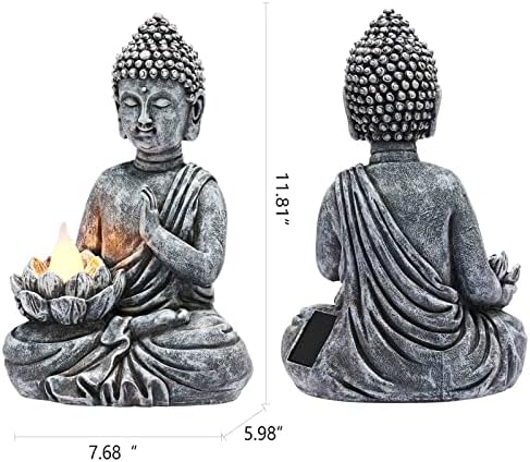 Solar Buddha Statue - Outdoor Zen Sculpture With Flickering LED Lotus Light - Waterproof Garden Decor Gift - 11.81 Inch - Image 2