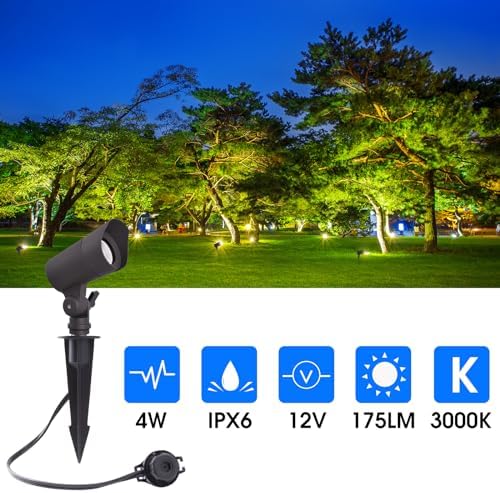 E ENERGETIC LIGHTING LED Landscape Lights with Connectors, 12V Low Voltage, Warm White 3000k, 4W, 175LM, Outdoor Waterproof Garden Pathway Lights Wall Tree Flag Spotlights with Spike Stand, 6 Pack - Image 5