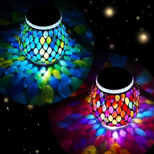 2 Pack Mosaic Blue & Red Solar Lanterns, Outdoor Glass Hanging Lights, Waterproof, Solar Table Lamps, Christmas Gifts for Women Mom Grandma, Night Lights, Decoration for Garden, Patio, Outdoor Decor by Unknown