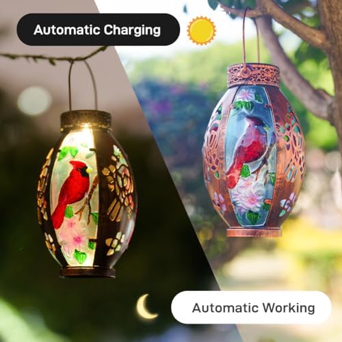 Starsoul Unique Hot Air Balloon + Cardinal Solar Lantern Glass Solar Hot Air Balloon Lantern with Flame Light + Metal &Stained Glass Cardinal Solar Light Waterproof Solar Lantern for Yard Garden - Image 5