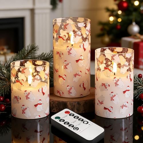 Eywamage Bear Christmas Glass Flameless Pillar Candles with Remote Set of 3 by EywamageCandles