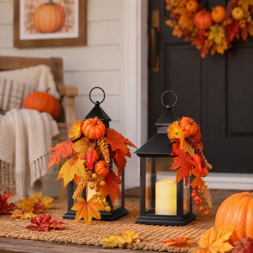 Fall Lanterns Decorative Indoor, 14" Autumn Decor Black Outdoor Lantern - Image 6